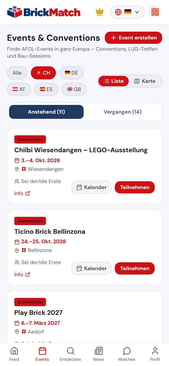 Screenshot: Event-Liste in der App, Filter Schweiz